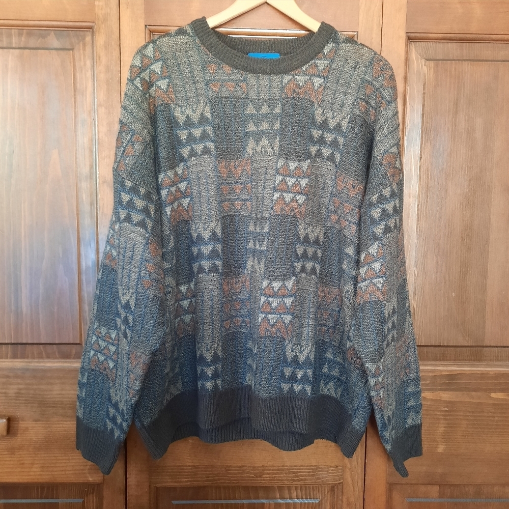 Vintage Towncraft Brown Blue Aztec Cosby Grandpa Style Knit Sweater Size XXL